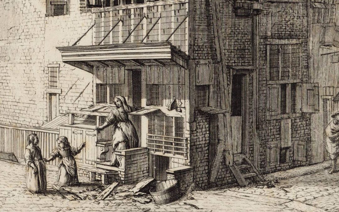 Prent door Jan van der Heyden uit 1690 met afbeelding van een huis in de Bloet Straat, ''t welk van de tweede verdieping af tot den top toe teffens in brand geraakte (...)'