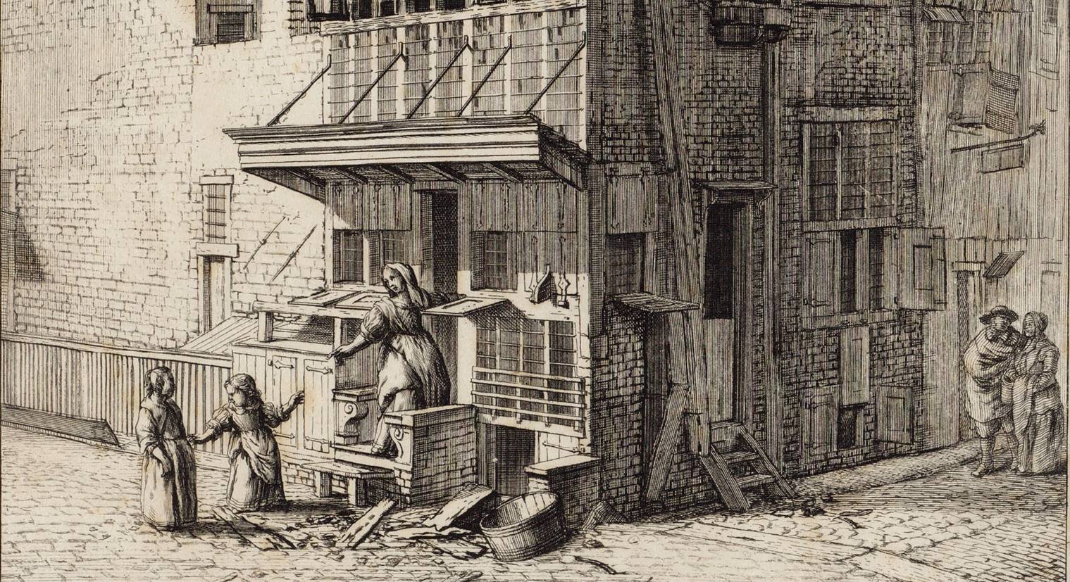 Prent door Jan van der Heyden uit 1690 met afbeelding van een huis in de Bloet Straat, ''t welk van de tweede verdieping af tot den top toe teffens in brand geraakte (...)'